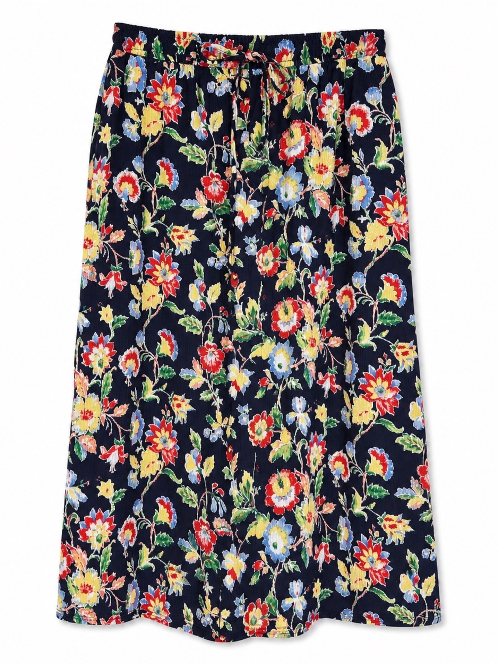 Napa Valley Floral Midi Skirt L Navy Rayon Drawstring Vintage